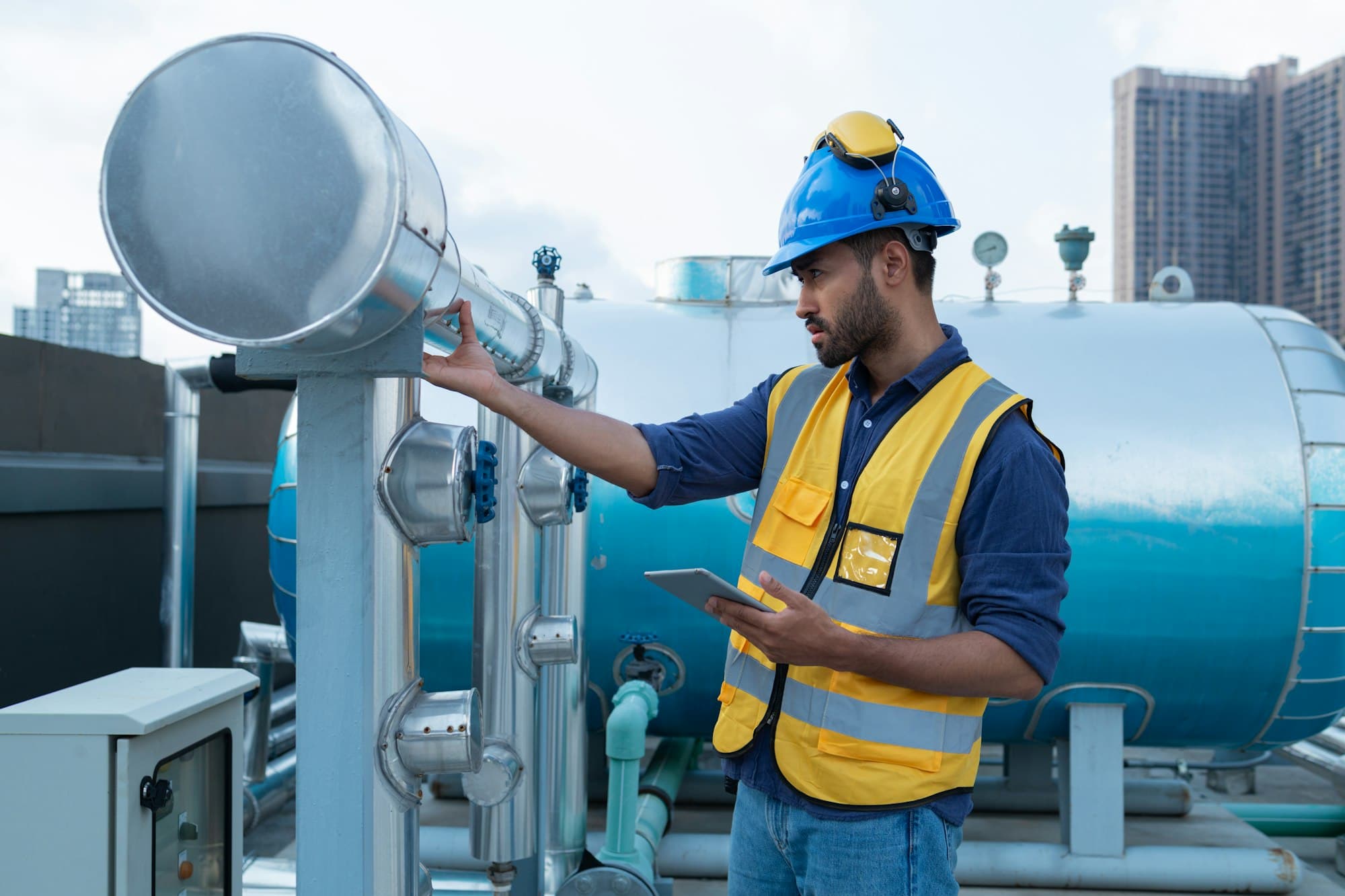 Technician inspecting a water heater tank and pump system